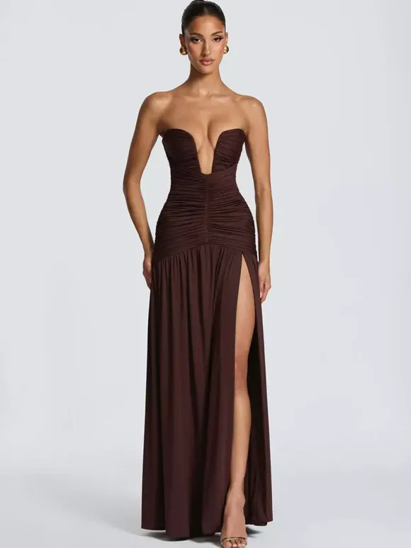 Party Dress Maxi Coffee Brown Halter Zipper Sleeveless Backless Elegant Semi Formal Dress