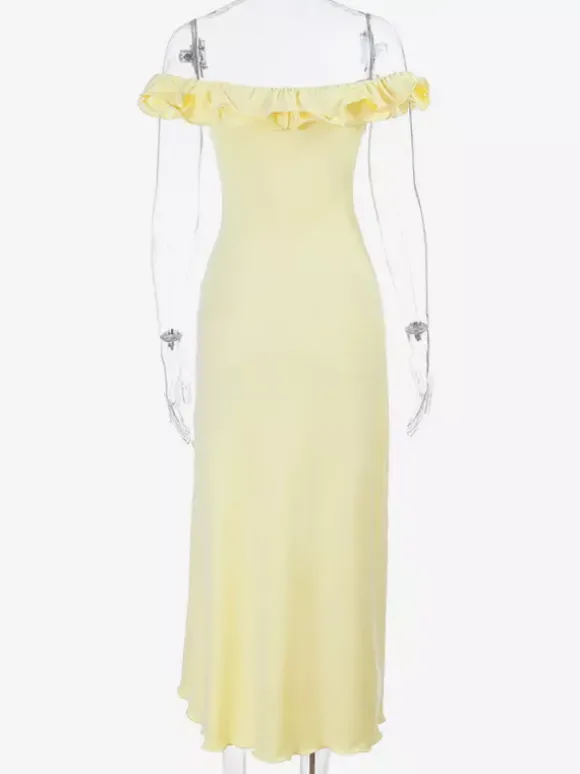 Party Dress Maxi Dresses Yellow Off-The-Shoulder Ruffles Sleeveless Slim Fit Sexy Semi Formal Dress