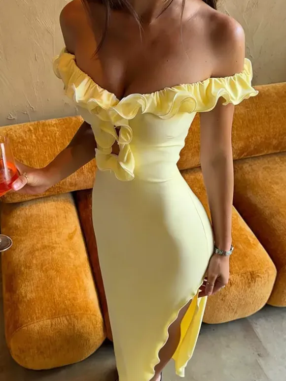 Party Dress Maxi Dresses Yellow Off-The-Shoulder Ruffles Sleeveless Slim Fit Sexy Semi Formal Dress