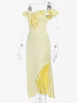 Party Dress Maxi Dresses Yellow Off-The-Shoulder Ruffles Sleeveless Slim Fit Sexy Semi Formal Dress