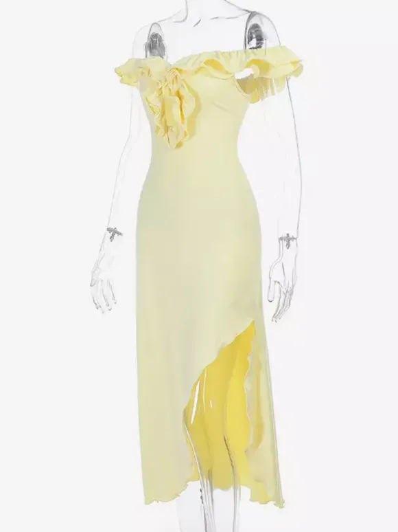 Party Dress Maxi Dresses Yellow Off-The-Shoulder Ruffles Sleeveless Slim Fit Sexy Semi Formal Dress