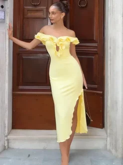 Party Dress Maxi Dresses Yellow Off-The-Shoulder Ruffles Sleeveless Slim Fit Sexy Semi Formal Dress