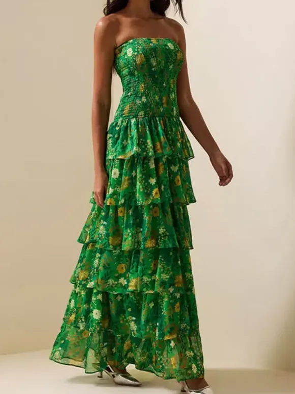 Party Dress Maxi Green Strapless Tiered Sleeveless Casual Semi Formal Dress