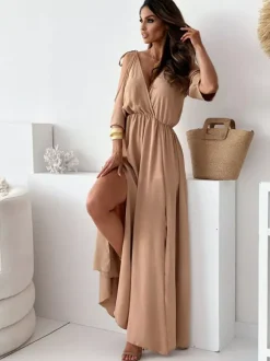 Party Dress Maxi Khaki V-Neck Ruffles Half Sleeves Flared Sleeves Elegant Semi Formal Dress