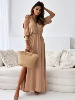 Party Dress Maxi Khaki V-Neck Ruffles Half Sleeves Flared Sleeves Elegant Semi Formal Dress