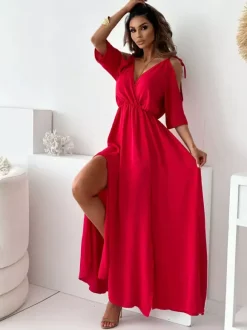 Party Dress Maxi Khaki V-Neck Ruffles Half Sleeves Flared Sleeves Elegant Semi Formal Dress