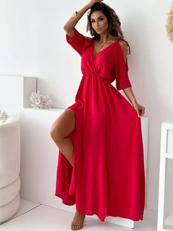 Party Dress Maxi Khaki V-Neck Ruffles Half Sleeves Flared Sleeves Elegant Semi Formal Dress
