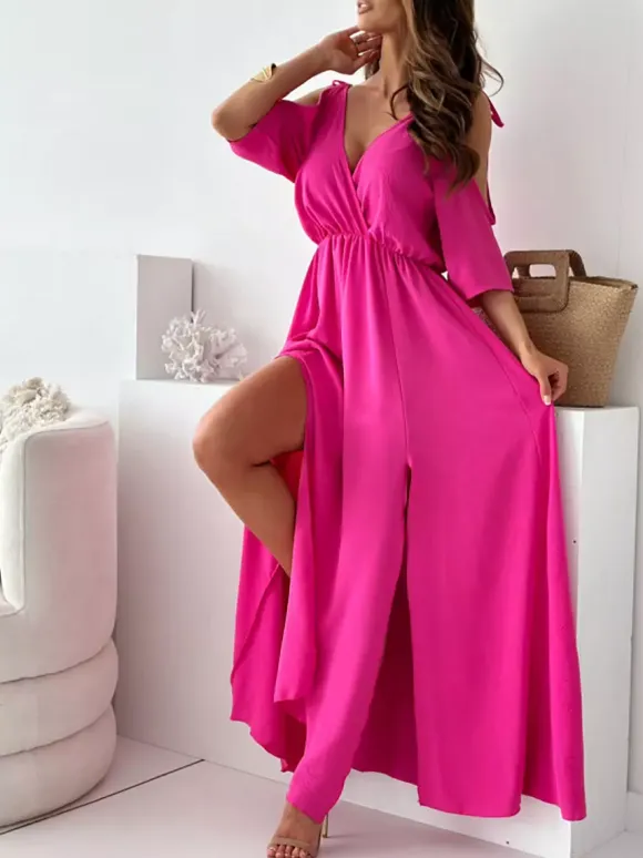 Party Dress Maxi Khaki V-Neck Ruffles Half Sleeves Flared Sleeves Elegant Semi Formal Dress