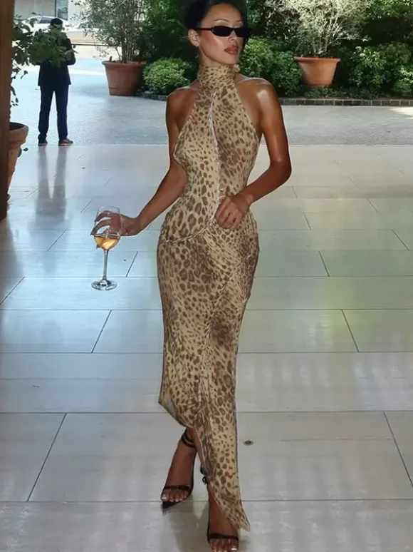 Party Dress Maxi Leopard Halter Pleated Leopard Print Asymmetrical Chic Semi Formal Dress