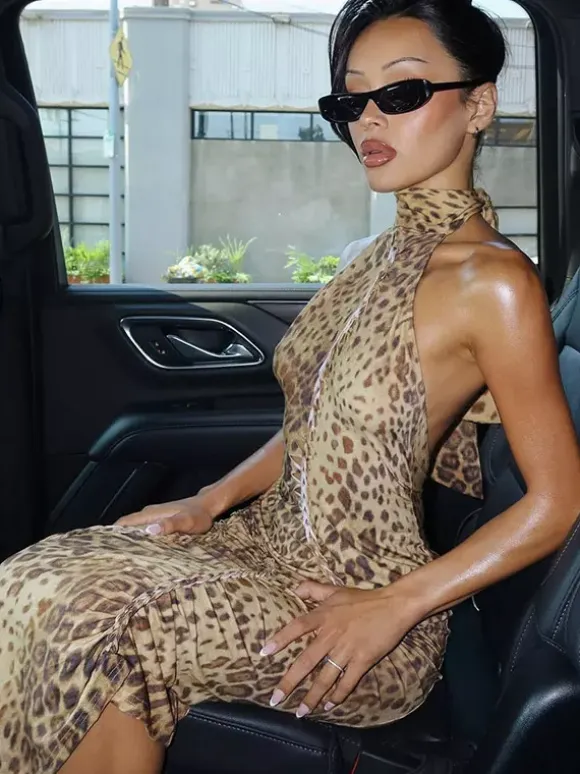 Party Dress Maxi Leopard Halter Pleated Leopard Print Asymmetrical Chic Semi Formal Dress