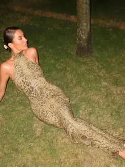 Party Dress Maxi Leopard Halter Pleated Leopard Print Asymmetrical Chic Semi Formal Dress