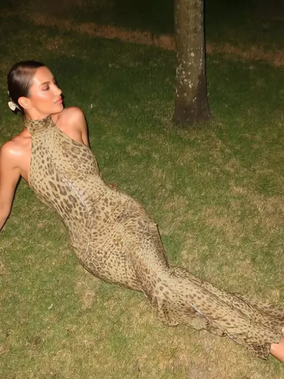Party Dress Maxi Leopard Halter Pleated Leopard Print Asymmetrical Chic Semi Formal Dress