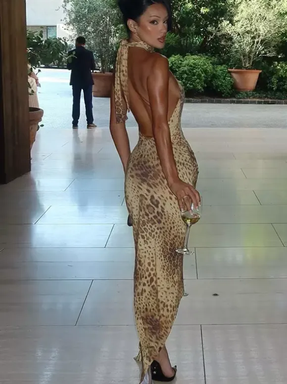 Party Dress Maxi Leopard Halter Pleated Leopard Print Asymmetrical Chic Semi Formal Dress
