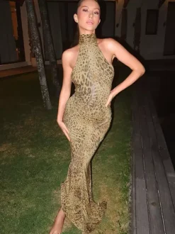 Party Dress Maxi Leopard Halter Pleated Leopard Print Asymmetrical Chic Semi Formal Dress
