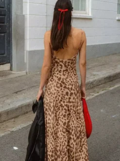 Party Dress Maxi Leopard Straps Neck Leopard Print Shaping Chic Semi Formal Dress