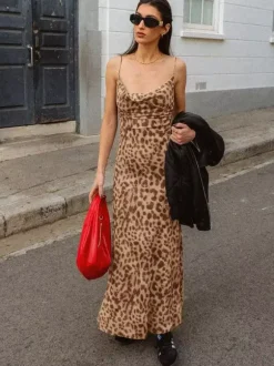Party Dress Maxi Leopard Straps Neck Leopard Print Shaping Chic Semi Formal Dress