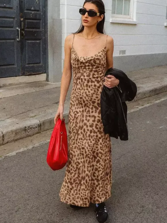 Party Dress Maxi Leopard Straps Neck Leopard Print Shaping Chic Semi Formal Dress