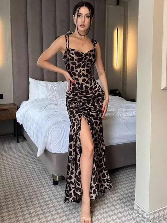 Party Dress Maxi Leopard Straps Neck Pleated Sleeveless Clothes Elegant Semi Formal Dress
