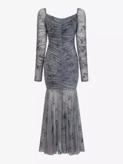 Party Dress Maxi Light Apricot Stand Collar Pleated Long Sleeves Printed Casual Dress