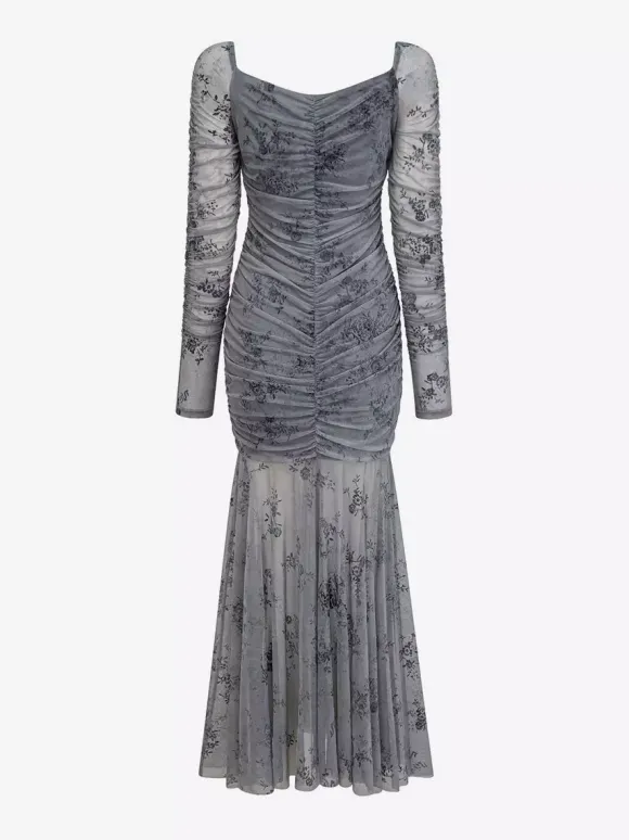 Party Dress Maxi Light Apricot Stand Collar Pleated Long Sleeves Printed Casual Dress