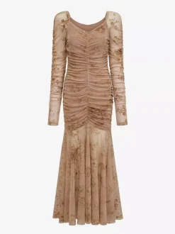 Party Dress Maxi Light Apricot Stand Collar Pleated Long Sleeves Printed Casual Dress