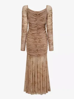Party Dress Maxi Light Apricot Stand Collar Pleated Long Sleeves Printed Casual Dress