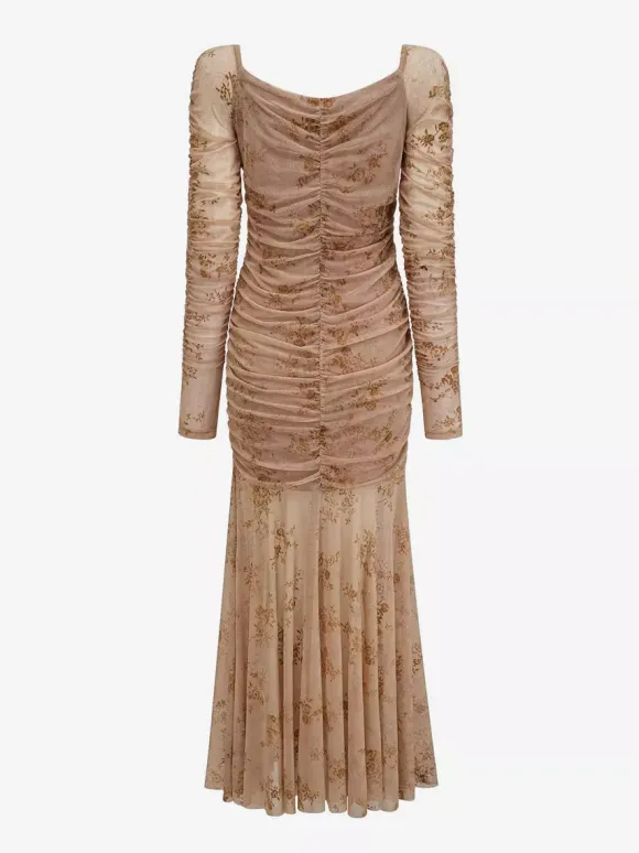 Party Dress Maxi Light Apricot Stand Collar Pleated Long Sleeves Printed Casual Dress