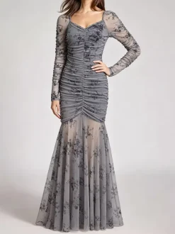 Party Dress Maxi Light Apricot Stand Collar Pleated Long Sleeves Printed Casual Dress