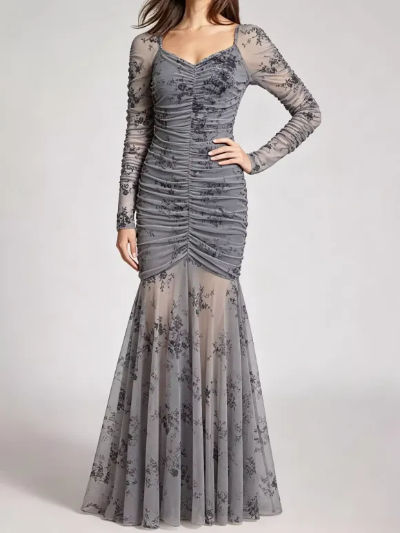 Party Dress Maxi Light Apricot Stand Collar Pleated Long Sleeves Printed Casual Dress