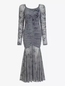 Party Dress Maxi Light Apricot Stand Collar Pleated Long Sleeves Printed Casual Dress