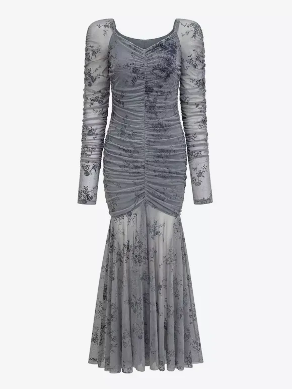 Party Dress Maxi Light Apricot Stand Collar Pleated Long Sleeves Printed Casual Dress
