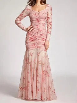 Party Dress Maxi Light Apricot Stand Collar Pleated Long Sleeves Printed Casual Dress