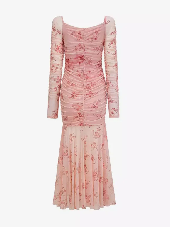 Party Dress Maxi Light Apricot Stand Collar Pleated Long Sleeves Printed Casual Dress
