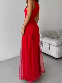 Party Dress Maxi Orange Jewel Neck Pleated Sleeveless Elegant Semi Formal Dress