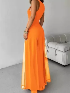 Party Dress Maxi Orange Jewel Neck Pleated Sleeveless Elegant Semi Formal Dress