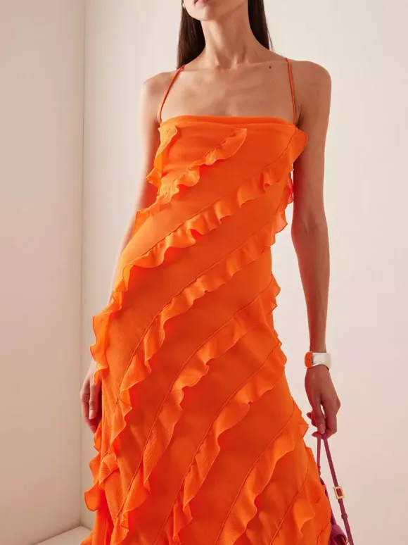 Party Dress Maxi Orange Off-The-Shoulder Ruffles Sleeveless Backless Elegant Semi Formal Dress Dress