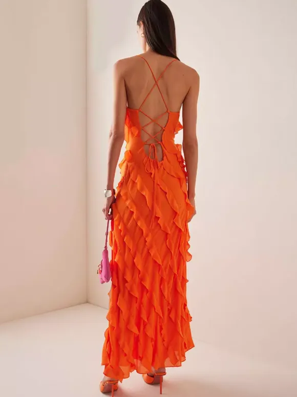 Party Dress Maxi Orange Off-The-Shoulder Ruffles Sleeveless Backless Elegant Semi Formal Dress Dress