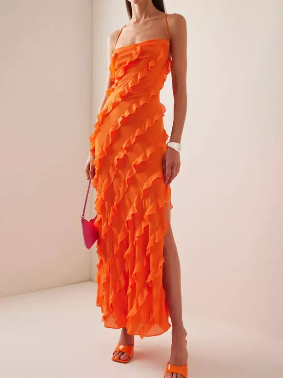 Party Dress Maxi Orange Off-The-Shoulder Ruffles Sleeveless Backless Elegant Semi Formal Dress Dress