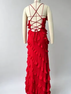 Party Dress Maxi Orange Off-The-Shoulder Ruffles Sleeveless Backless Elegant Semi Formal Dress Dress
