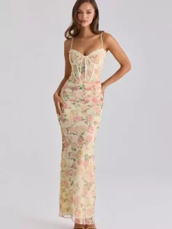 Party Dress Maxi Pink Straps Neck Sleeveless Printed Sexy Semi Formal Dress
