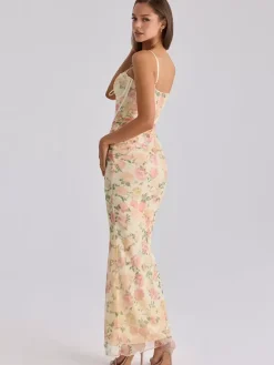 Party Dress Maxi Pink Straps Neck Sleeveless Printed Sexy Semi Formal Dress