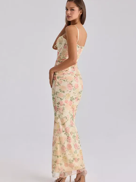 Party Dress Maxi Pink Straps Neck Sleeveless Printed Sexy Semi Formal Dress