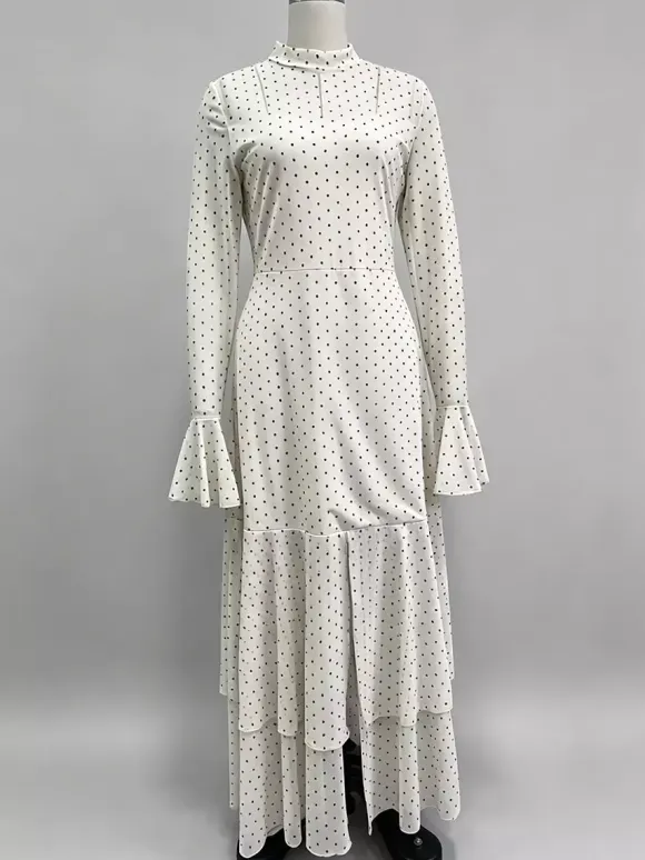 Party Dress Maxi Red High Collar Ruffles Long Sleeves Polka Dot Flared Sleeves Sweet Dress
