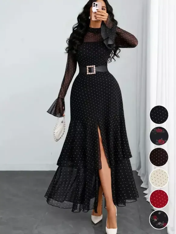 Party Dress Maxi Red High Collar Ruffles Long Sleeves Polka Dot Flared Sleeves Sweet Dress