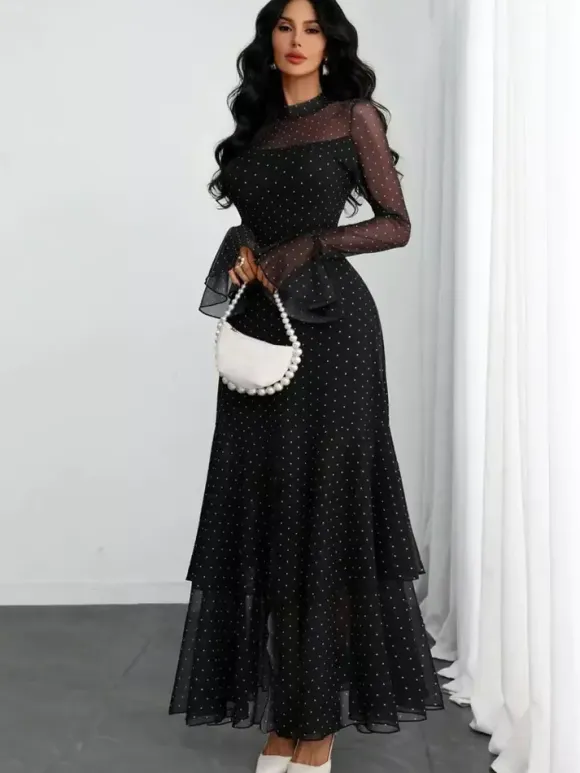 Party Dress Maxi Red High Collar Ruffles Long Sleeves Polka Dot Flared Sleeves Sweet Dress