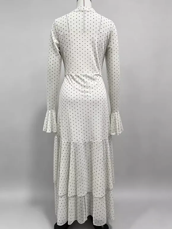Party Dress Maxi Red High Collar Ruffles Long Sleeves Polka Dot Flared Sleeves Sweet Dress