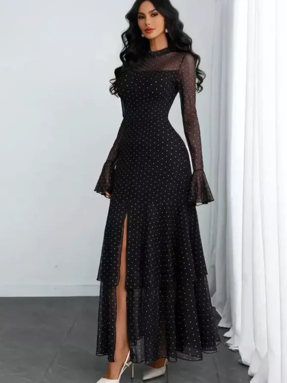 Party Dress Maxi Red High Collar Ruffles Long Sleeves Polka Dot Flared Sleeves Sweet Dress