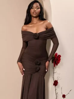 Party Dress Maxi Red Off-The-Shoulder Pleated Long Sleeves Clothes Elegant Semi Formal Dress