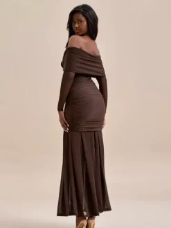 Party Dress Maxi Red Off-The-Shoulder Pleated Long Sleeves Clothes Elegant Semi Formal Dress