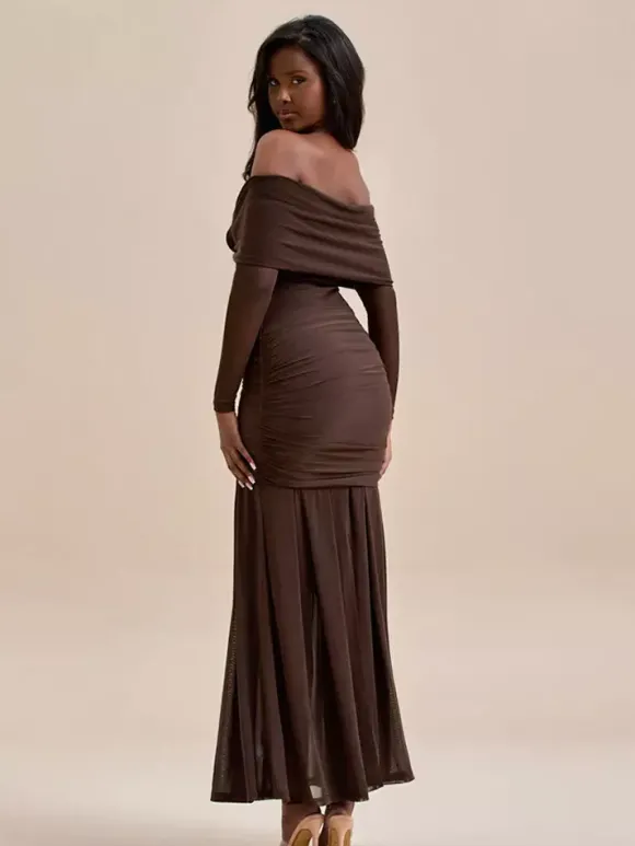 Party Dress Maxi Red Off-The-Shoulder Pleated Long Sleeves Clothes Elegant Semi Formal Dress